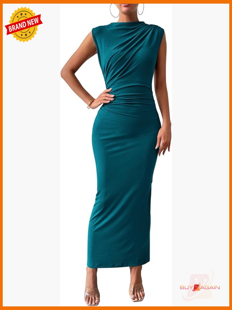 Ruched Bodycon Maxi Dress Sleeveless Slit Cocktail Guest
